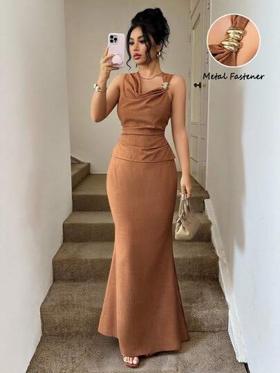 Selianne 女士优雅金属扣翻领修身无袖上衣和鱼尾长裙两件套