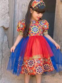 时尚优雅的少女网纱拼接印花短袖连衣裙 - 紅色 - 查看 2