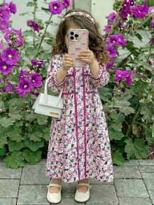 Young Girl Floral Print Round Neck Shirred Long Sleeve Dress - Multicolor - View 2