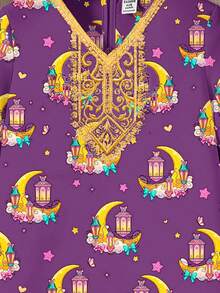 SHEIN 淡紫色阿赫拉姆祈祷长袍，花卉图案女婴长袍，可爱卡通星月印花，蝴蝶结图案印花女婴休闲V领宽松传统长袖阿拉伯连衣裙，适合春夏穿着，优雅长袖连衣裙，女婴祈祷长袍，舒适休闲，端庄卡夫坦长袍，女婴长袍 - 白色 - 查看 7