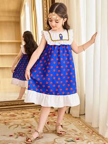 SHEIN Young Girl' Colorblock Print Sleeveless Dress,Kids - Blue - View 4
