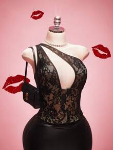 SHEIN ICON Blouse sexy à une épaule en dentelle ajourée, grande taille Y2K - Noir - Voir 4
