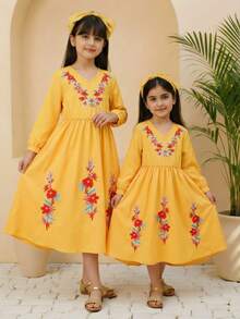 Sparklyn 年轻女孩优雅中东传统复古彩色花卉V领收腰不对称下摆休闲时尚连衣裙，适合节日、派对、送礼、旅行、度假、日常穿着，春夏皆宜。 - 黃色 - 查看 6