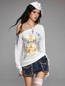 ROMWE Grunge Punk SpringRomantic Nautical Punk Wing & Anchor Foil Print Oblique Shoulder Women Long Sleeve T-Shirt - White - View 7