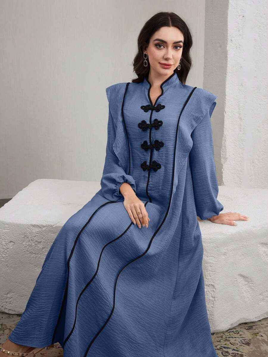 Graceveil 立领撞色门襟阿拉伯风连衣裙，春夏款 - 藍色 - 查看 1