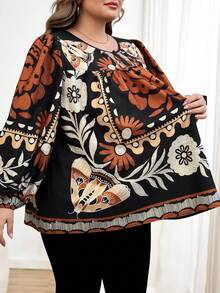 SHEIN CURVE+ Curve 尺码 US22 音乐节、海滨度假、波西米亚风度假女士长袖圆领系带图案上衣，热带图案长袖衬衫 - 彩色 - 查看 4