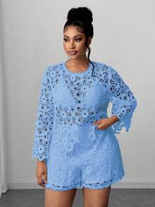 Maweii Plus Size Solid Color Hollow Out Fashion Long Sleeve Shirt - Baby Blue - View 3