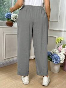 EMERY ROSE Plus Size Women Cotton Solid Color Drawstring Waist Pockets Loose Pants Fall - Light Grey - View 2