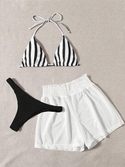 Swim Mod Set de 3 piezas: Bottom de bikini a rayas azul y blanco, shorts de cubrir blancos, casual y minimalista para vacaciones de primavera/verano, fiesta en la playa