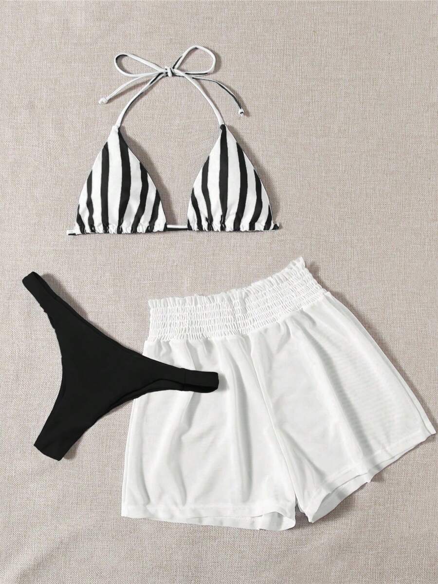 Swim Mod Bộ bikini 3 món kẻ sọc xanh trắng gồm quần bơi và quần short trắng, kiểu dáng giản dị và tối giản, thích hợp cho kỳ nghỉ xuân/hè hoặc tiệc bãi biển. - màu đen - Xem 1