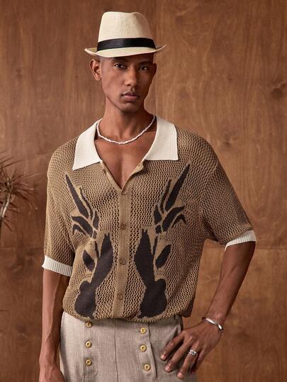 AKNOTIC Business Casual Men's Crochet Floral Knit Loose Casual Short Sleeve Sweater Shirt, Suitable For Summer, Vacation, Daily Wear, Party, Couple, Men's Gift