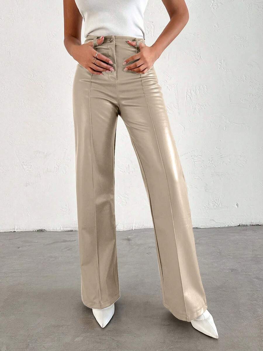 EURMUSE Women'S Straight Pu Leather Pants - Beige - View 1