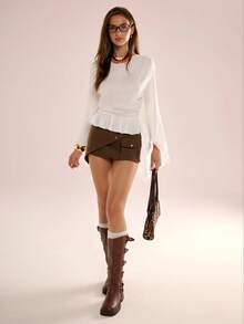 Avenya 女士时尚荷叶边下摆收腰T恤 - 白色 - 查看 6