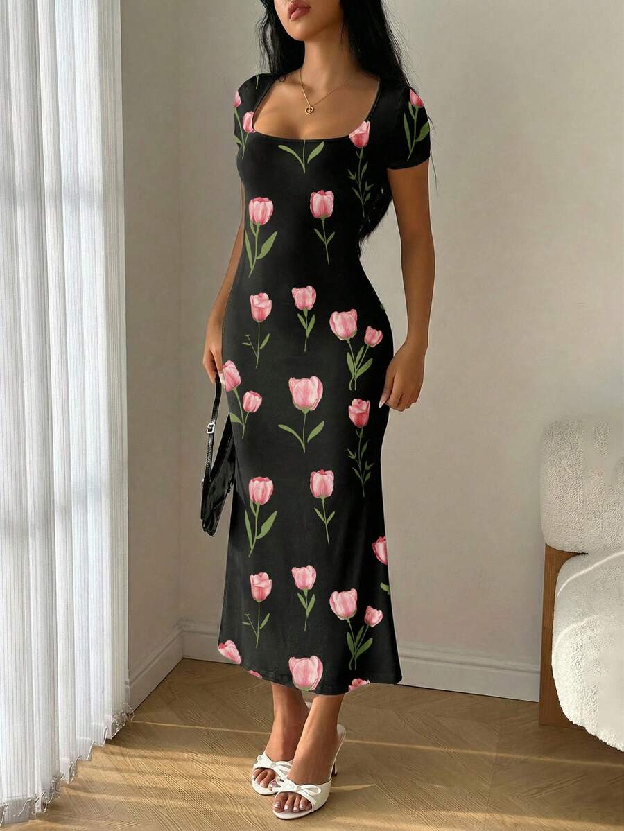 Modelyn Summer Sweetheart Neckline Mermaid Ruffle Hem Bodycon Dress Tulip Dress Long Dress Summer Floral Print Dress Spring Long Bodycon Dress Short Sleeve Dress - Multicolor - View 1