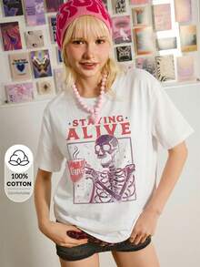 Y2Kool Eduely Women's Winter White New Year Spicy Girl Y2K Millennium Slogan Print Round Neck Short Sleeve Casual T-Shirt Y2k Clothes Women Tops Graphic Tees Women Oversized Women's Graphic Tee Tshirts For Women Graphic Oversized T-Shirt 2000s Style Clothes Gyaru Cotton Funny Tshirts Women - White - View 7