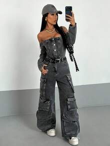 Jeanoix Women's Off-Shoulder Long Sleeve Single-Breasted Multi-Pocket Wide-Leg Denim Jumpsuit - Black - View 7