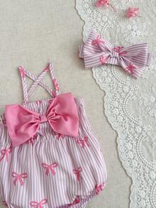 SHEIN 2件套女婴夏季粉色条纹蝴蝶结图案连体衣，胸前饰有大蝴蝶结，时尚百搭，适合外出和度假。 - 粉色 - 查看 6