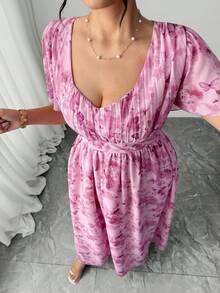 SHEIN Elenzya Đầm xòe cổ chữ V thanh lịch dành cho nữ cỡ lớn, thích hợp cho ngày Valentine. - Hồng - Xem 6