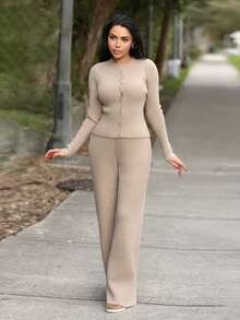 Durrani Popal Áo khoác cardigan tay dài cài nút, quần dệt kim co giãn thoải mái, bộ đồ dệt kim gân, trang phục dạo phố sang trọng, gợi cảm, mùa thu, đêm tiệc mùa thu, lễ tạ ơn sang trọng - Xám - Xem 1