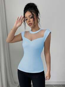 Elenzga Women's Summer Knit High Elasticity Fashionable Mesh Slim Fit T-Shirt - Baby Blue - View 4
