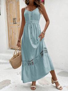 Breezaya Rochie maxi pentru femei, cu imprimeu de dantelă, model patchwork, cu bretele spaghete, model floral, ținută de plajă și vacanță - Albastru - Vizualizare 5
