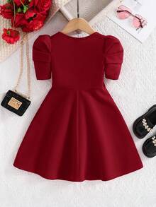 SHEIN Đầm thường ngày tay phồng màu trơn cho bé gái - Màu Đỏ Sâu - Xem 2