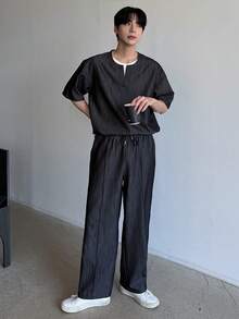 DAZY 男士短袖T恤和裤子套装，黑色二合一设计，春夏款 - 黑色 - 查看 7