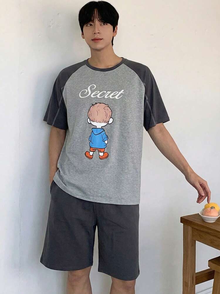 Men's Letter Print Raglan Sleeve T-Shirt And Loungewear Set, Summer