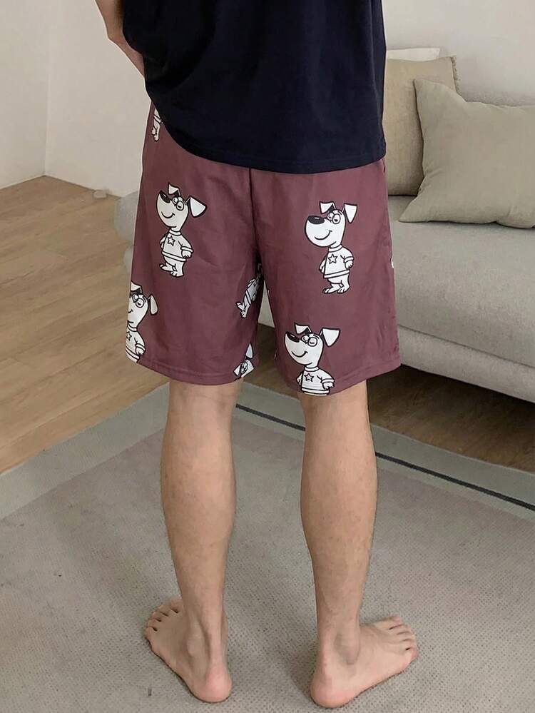 Men's Floral Dog Print Elastic Waist Shorts, Summer Loungewear