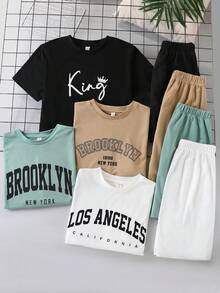 SHEIN 8件套青少年男童休闲宽松字母印花圆领T恤短裤套装，适合通勤、上学、日常休闲穿着、运动、春夏穿着 - 彩色 - 查看 2