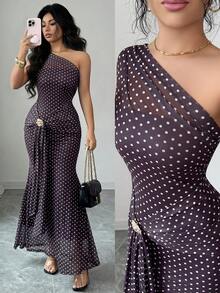 Rafferiza Elegant Fitted One Shoulder Asymmetric Neckline Sleeveless Front Metal Buckle Tie Chiffon Polka Dot Print Brown Base White Dot Dress, Spring - Red and White - View 1