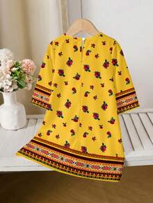 Baby Girls Elegant Vintage Distinctive Dignified Kaftan Maxi Dress, Floral Print Long Sleeve V-Neck Loose Casual Dress, Suitable For Festivals, Daily Wear, And Outings - Multicolor - View 4