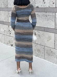 Alexandranx 女式新款秋冬百搭复古条纹针织紧身连衣裙，性感露背长袖修身长款针织连衣裙 - 紫色 - 查看 2