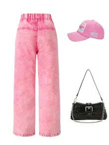 SHEIN Sparklyn 女童幼儿弹力腰带破洞牛仔阔腿裤，适合春、夏、秋、冬日常穿着、户外旅行、派对等场合 - 玫紅色 - 查看 2