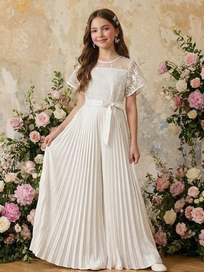 Pantalones acampanados con parches de encaje elegantes para niñas preadolescentes, mono de dama de honor para la temporada de bodas para niñas