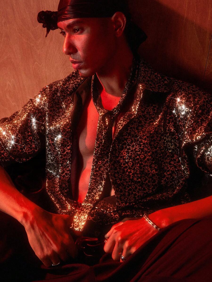 AKNOTIC Business Casual 黑色底金色箔片前扣优雅长袖衬衫男士图案衬衫男士长袖衬衫男士纽扣衬衫 Jackpot 男士闪亮衬衫 Sumwon 男士亮片衬衫 Old Money