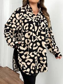 SHEIN CURVE+ Áo sơ mi dài tay dáng suông, in họa tiết, cỡ lớn, thích hợp mặc hàng ngày vào mùa thu và mùa đông. - Nhiều màu - Xem 5