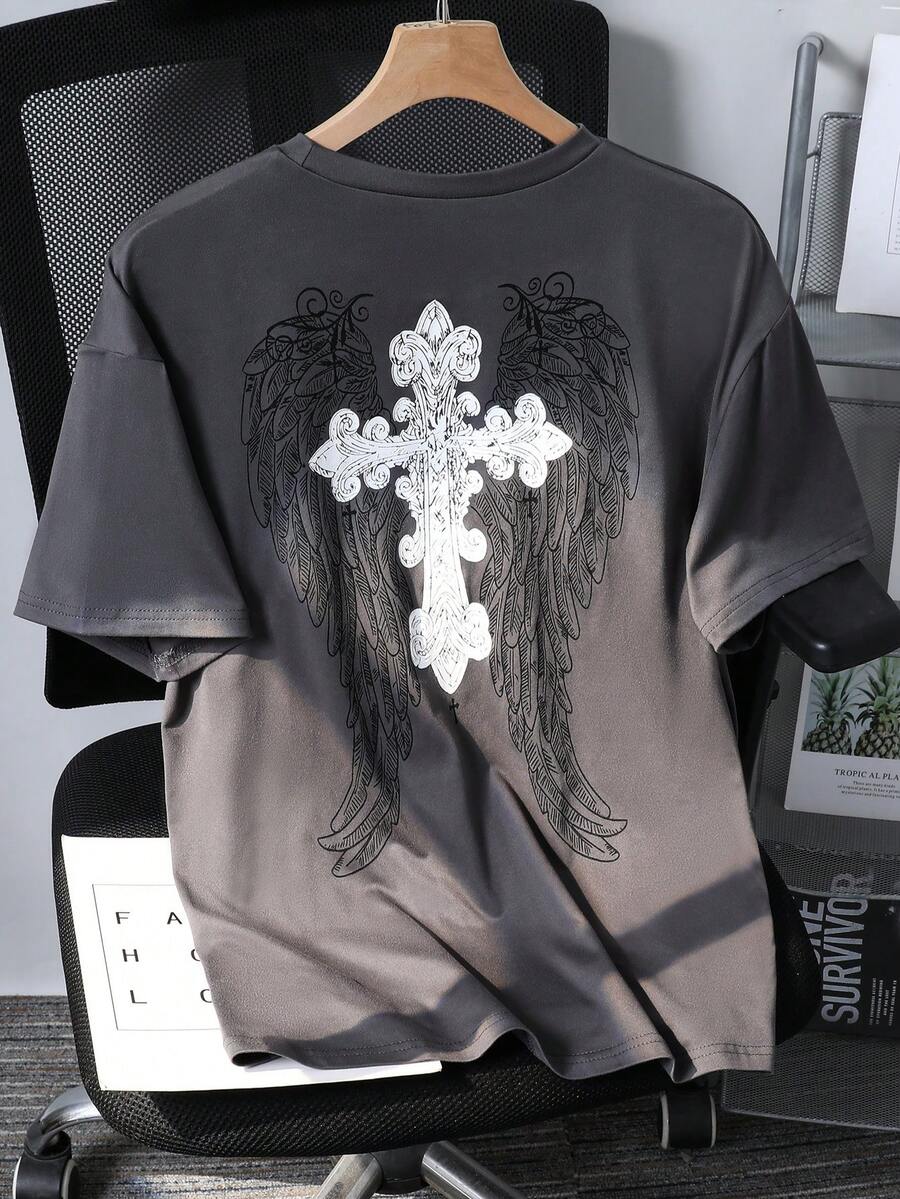 Áo thun ngắn tay in hình chữ thập và cánh chim dành cho thiếu niên, kiểu dáng thường ngày, thích hợp cho mùa hè. - Màu xám đen - Xem 1