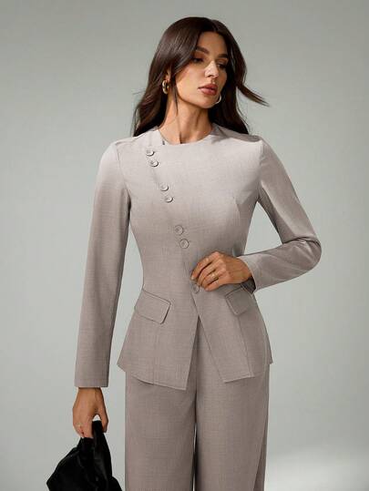 SHEIN Tall Women's Elegant Commuting Daily Versatile Street Fashion New Asymmetric Lapel Button Waist Long Sleeve Blazer And High Waist Long Pants Khaki Gray 2 Pieces Suit Set