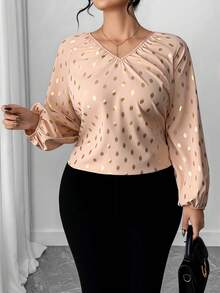 Elenzga Blusa elegante de manga farol con cuello en V y estampado de puntos dorados, talla grande, otoño - Albaricoque - Ver 1
