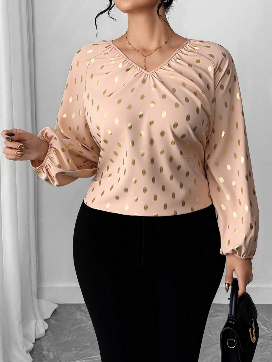 Elenzga Blusa elegante de manga farol con cuello en V y estampado de puntos dorados, talla grande, otoño - Albaricoque - Ver 1