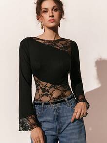 Poéselle Women's Solid Color Lace Patchwork Minimalist Daily Wear Long Sleeve Bodysuit,Black Lace Long Sleeve Bodysuit - Sheer Mesh Party Outfit For New Year's Eve And Valentine's Day,Elegant Bodysuit  Women,Casual Bodysuit  For Women, Mesh Bodysuit, Bodysuits For Women Long Sleeve, Lace Bodysuit, Black Lace Bodysuit, Lace Body Suit,French Style Body Suit - Black - View 6