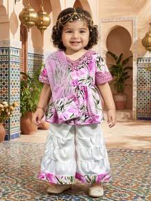 夏季新款时尚可爱女宝宝两件套：V领短袖荷叶边上衣+宽松A字喇叭裤，配围巾 - 粉色 - 查看 9