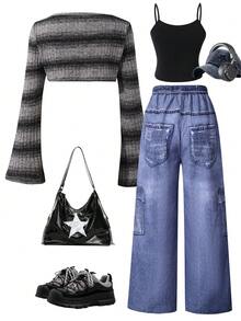 3pcs/Set Teenage Girls Ombre Striped Flare Sleeve Cover Up, Solid Color Camisole, And Distressed Star Print Wide Leg Jeans Pants, Retro Chic Street Style - Blue - View 2