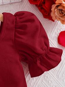 SHEIN Jumpsuit Anak Perempuan Warna Polos dengan Kerah dan Lengan Mengembang, Anak-anak - Burgundy - View 4