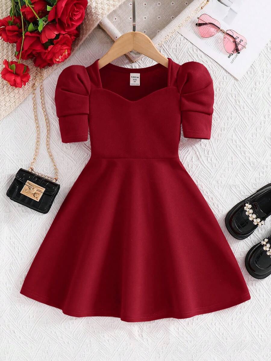 SHEIN Đầm thường ngày tay phồng màu trơn cho bé gái - Màu Đỏ Sâu - Xem 1