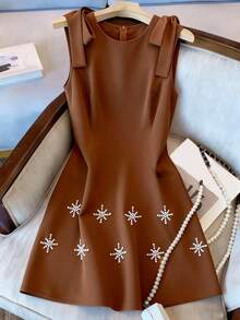 GlowEve CURVE Plus Size Elegant,Fashionable Waist Brown Dress,Summer,Wedding,Black And White,Refined Star Embellished Sleeveless Dress With Pearls,Parties - Brown - View 1