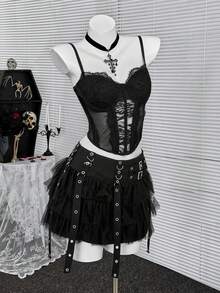 Coolane Women's Spring/Summer Goth Y2K Concert Rave Festival Going Out Rave Renaissance Fair Contrast Lace Black Top - Black - View 2