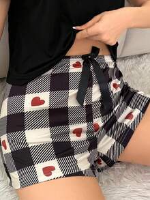 Plaid Heart Print Bow Sleep Shorts - Multicolor - View 1