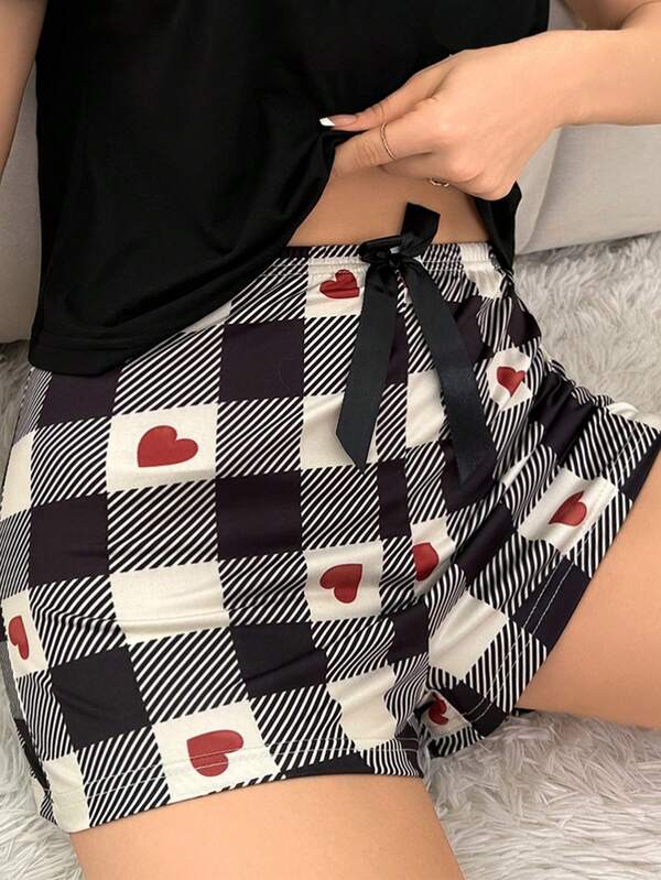 SHEIN 格纹心形印花蝴蝶结睡裤